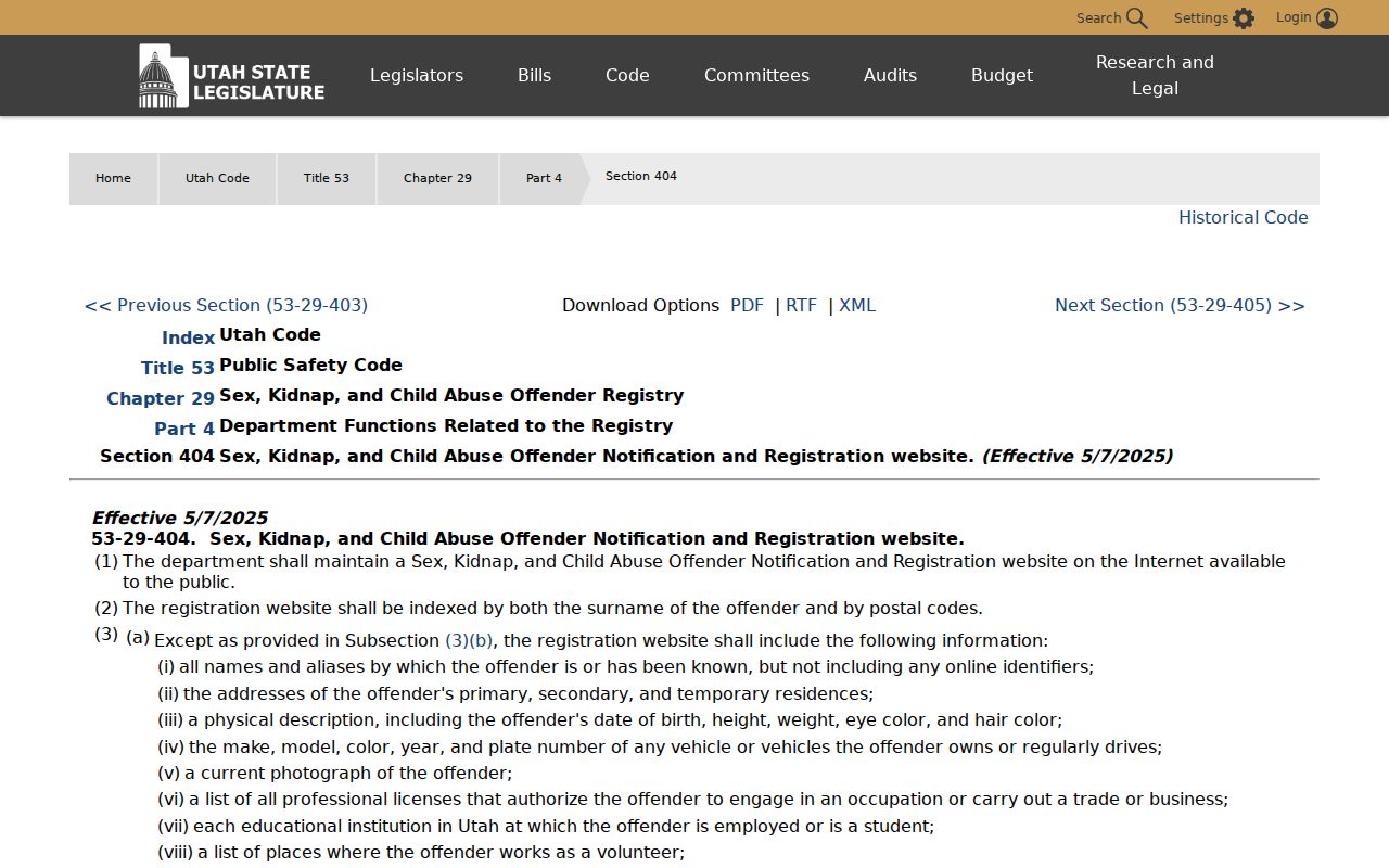 Kane County sex offender registry public-information law on the Utah Legislature website