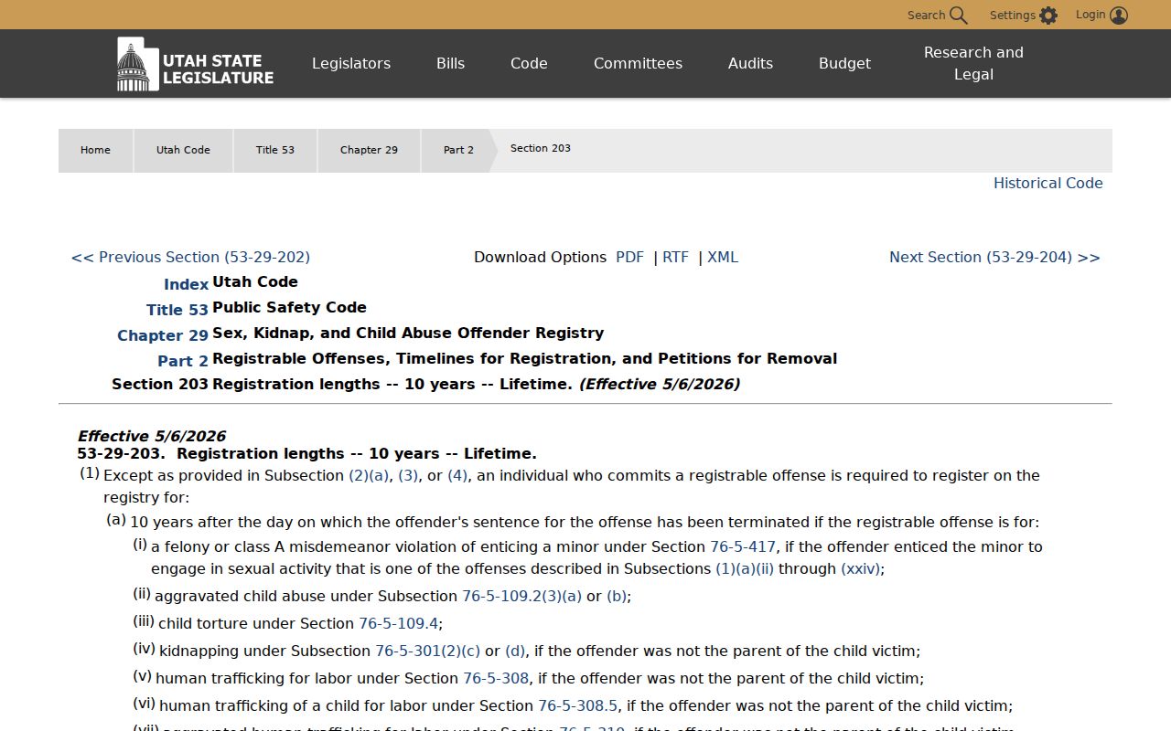 Kane County sex offender registration duration law on the Utah Legislature website