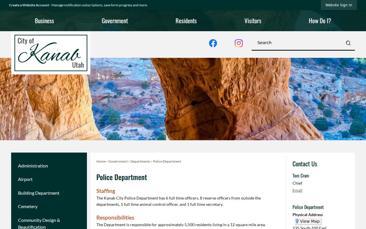 Kanab criminal records contact information on the official Kane County police department page