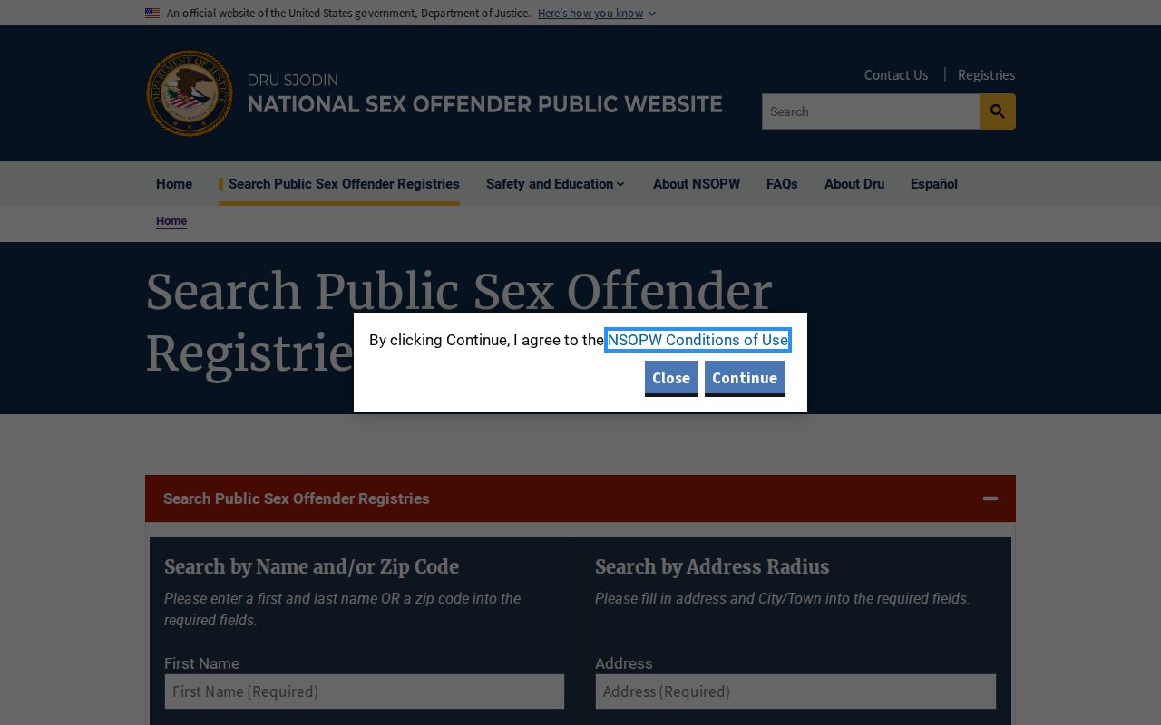 Kane County sex offender search fields on the official NSOPW website
