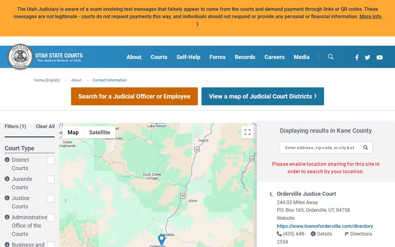 Kanab criminal court records routing in the current Kane County Utah Courts directory