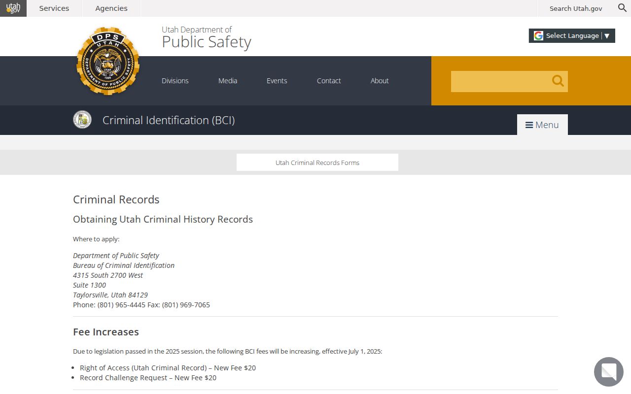 Kane County criminal history right of access through Utah BCI